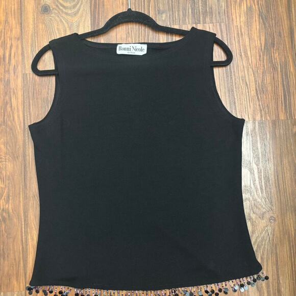 Vintage Y2K Ronni Nicole Black Tank Top Size L Beaded Hem Gypsy Fringe - Picture 5 of 5